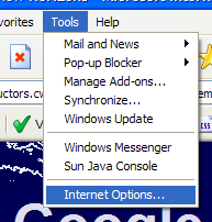 Opening IE's Internet Options